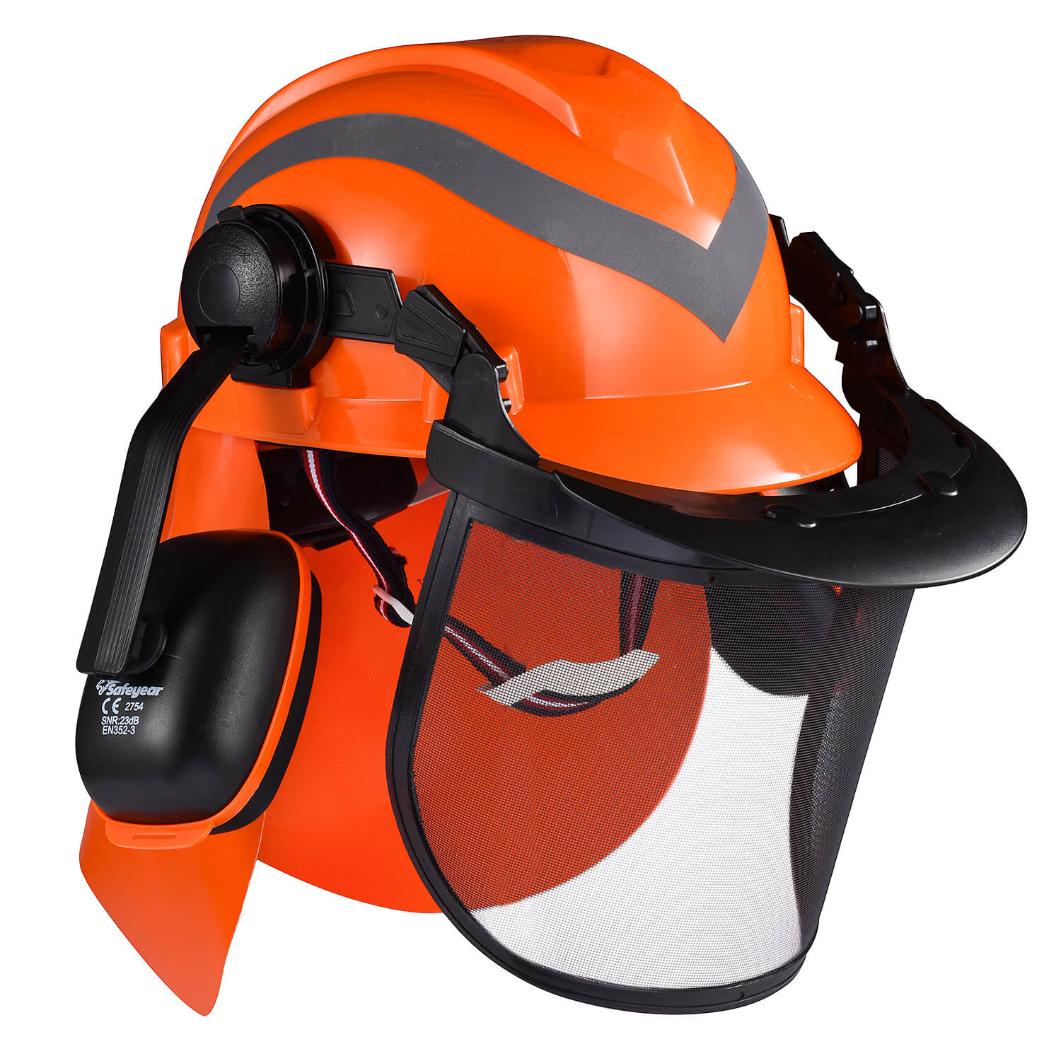 Safeyear Forestry Safety Helmet with 4 Point Ratchet Suspension with Adjustable Earmuffs & Face Shield Visor, Neck Shade