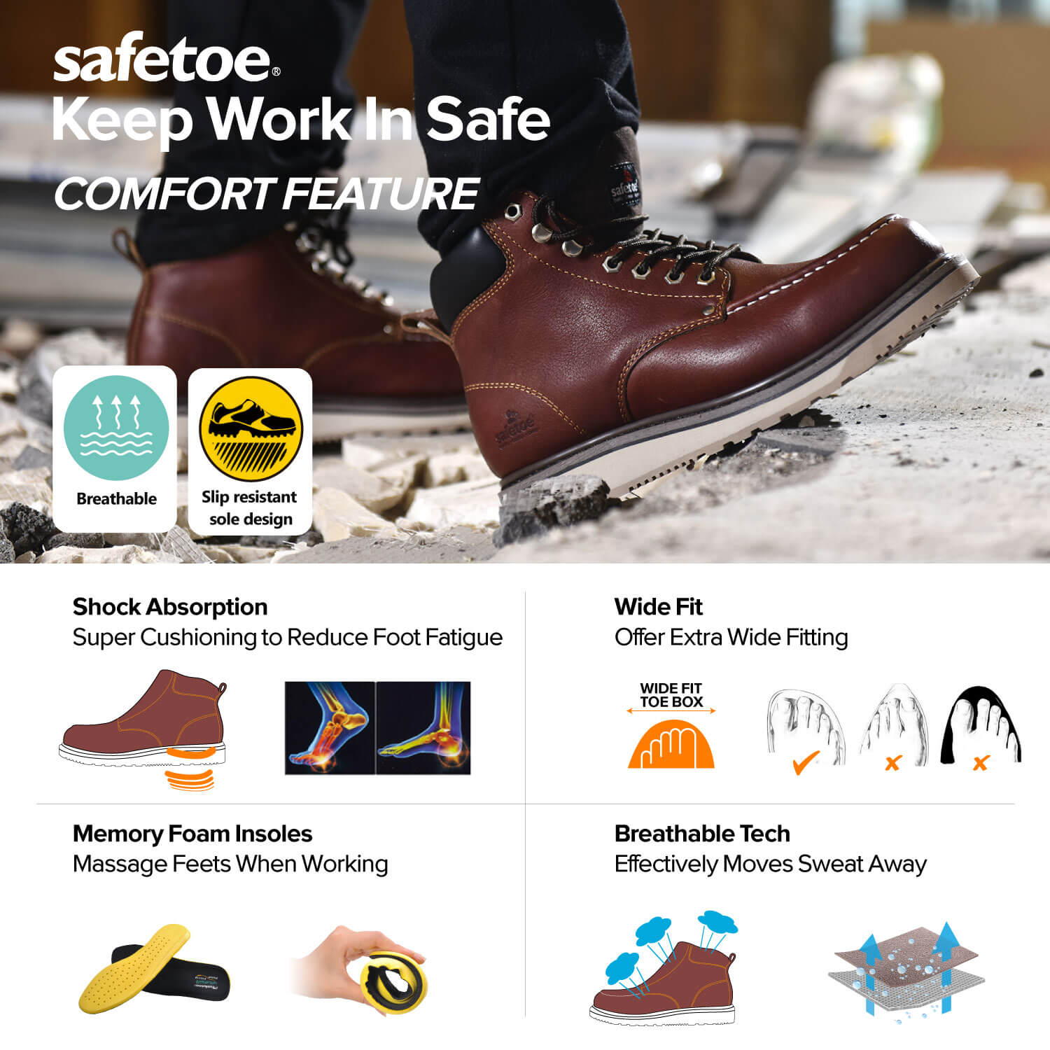 Safetoe Genuine Leather Soft Moc Toe Safety Work Boots