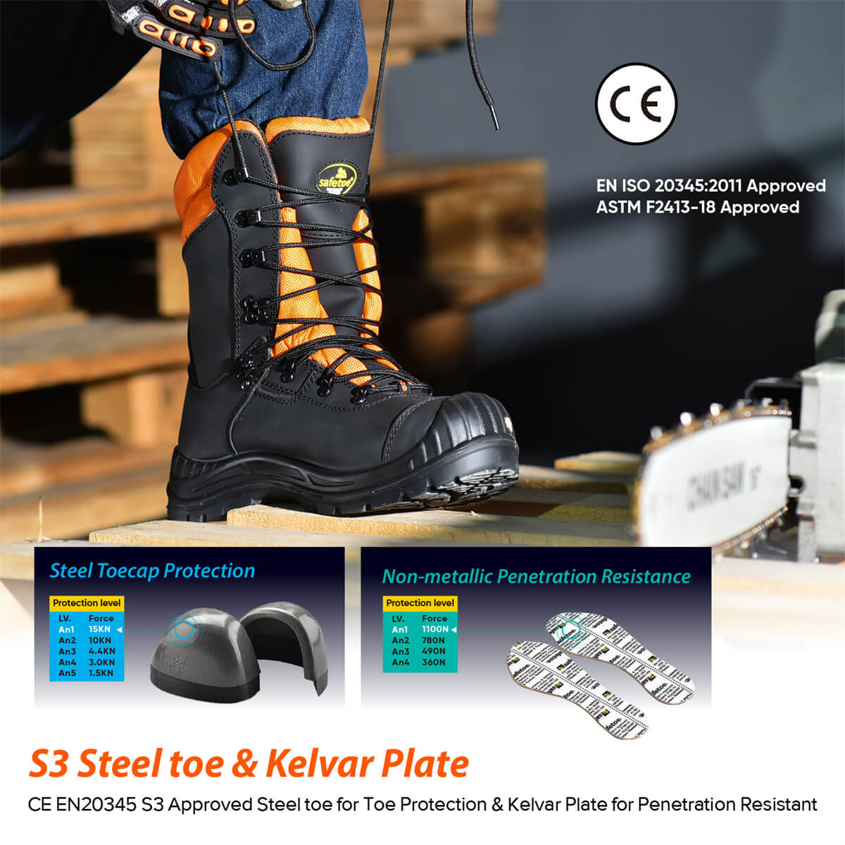 Safetoe Safety Chainsaw Boots Anti-Abraision Leather Logger Boots