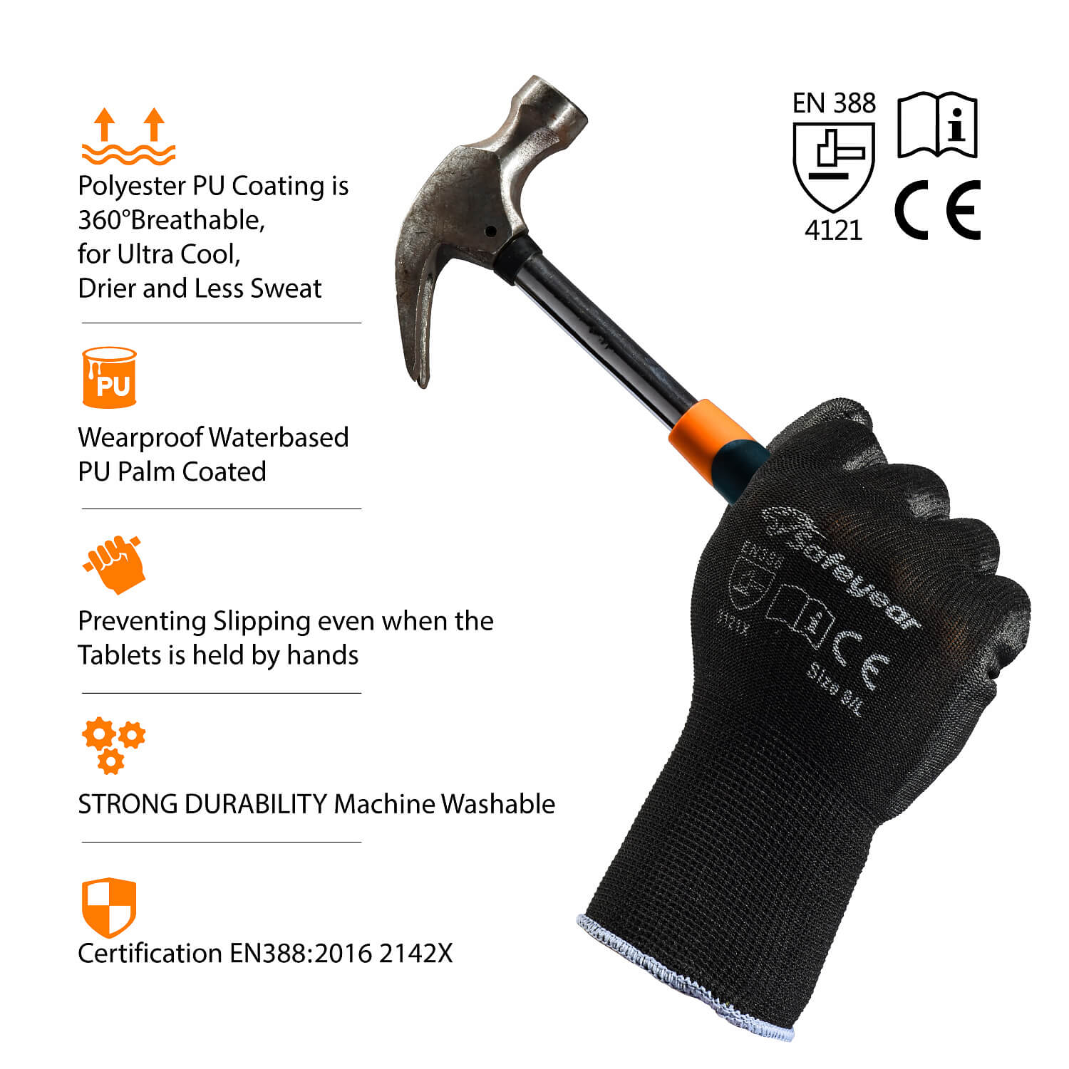 SAFEYEAR 12 Pairs Black Safety Gloves PU Coated Work Gloves for General Duty Work, Good Grip Gardening Gloves