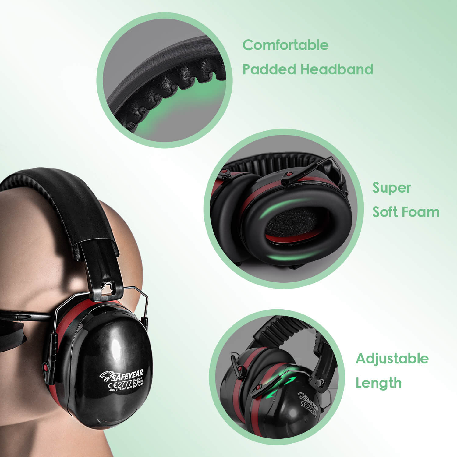 Safeyear Noise Cancelling Safety Ear Muffs, Adjustable Sound reduction